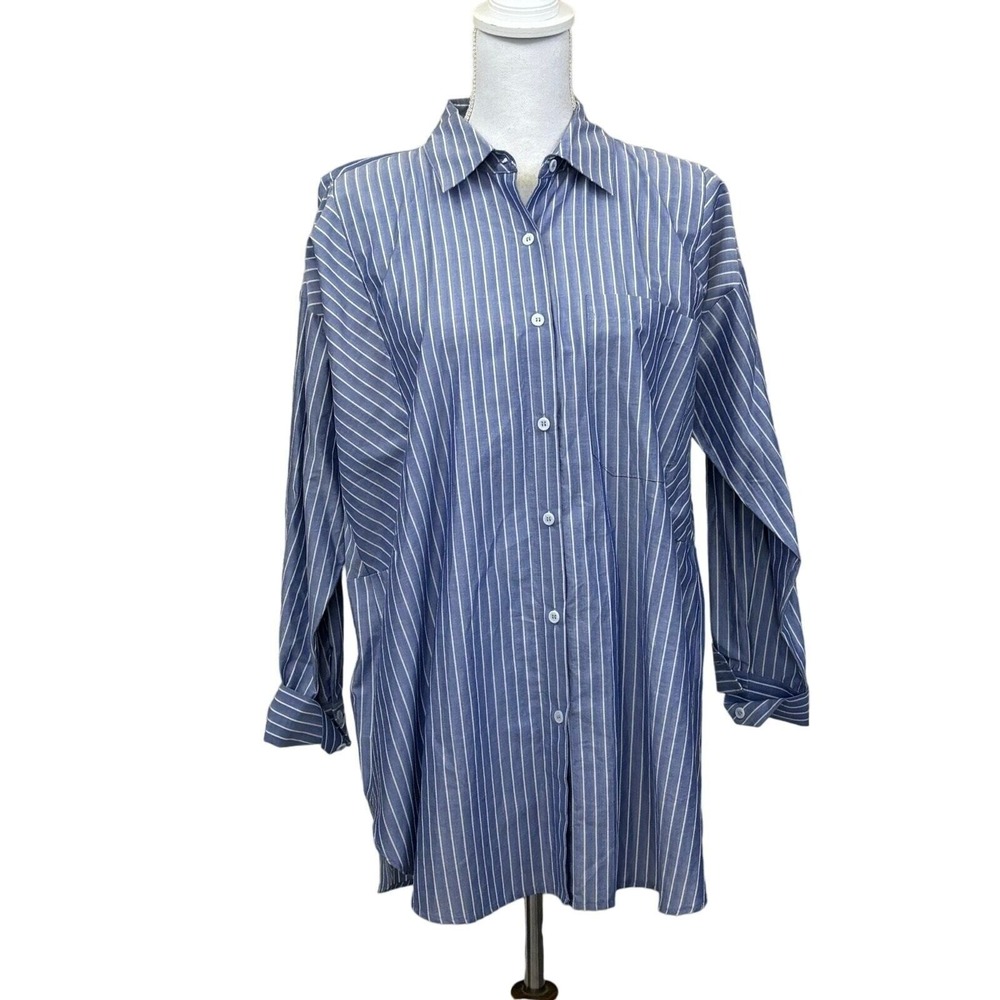 Harshman Merlin Striped Cotton Oversized Button Down Tunic L Parisian Classic